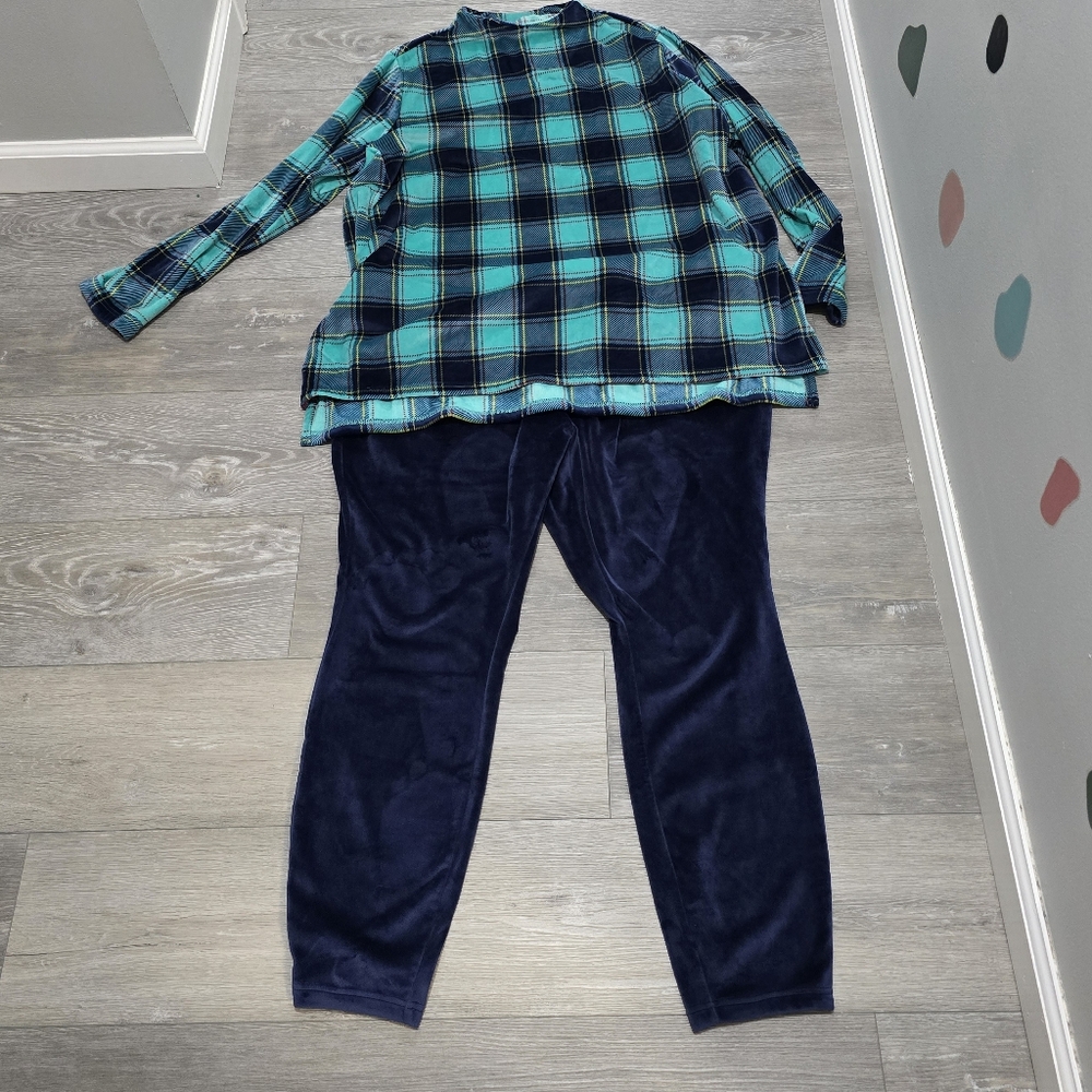 PJ Set Lands' End Cozy Long Sleeve Lounge Tunic in Seafoam Teal Plaid - Size 2X